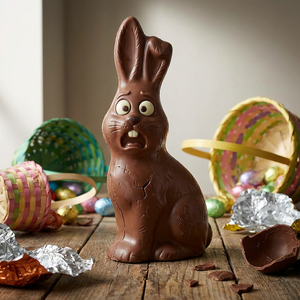 Chocolate rabbit looking alarmed, expressive face