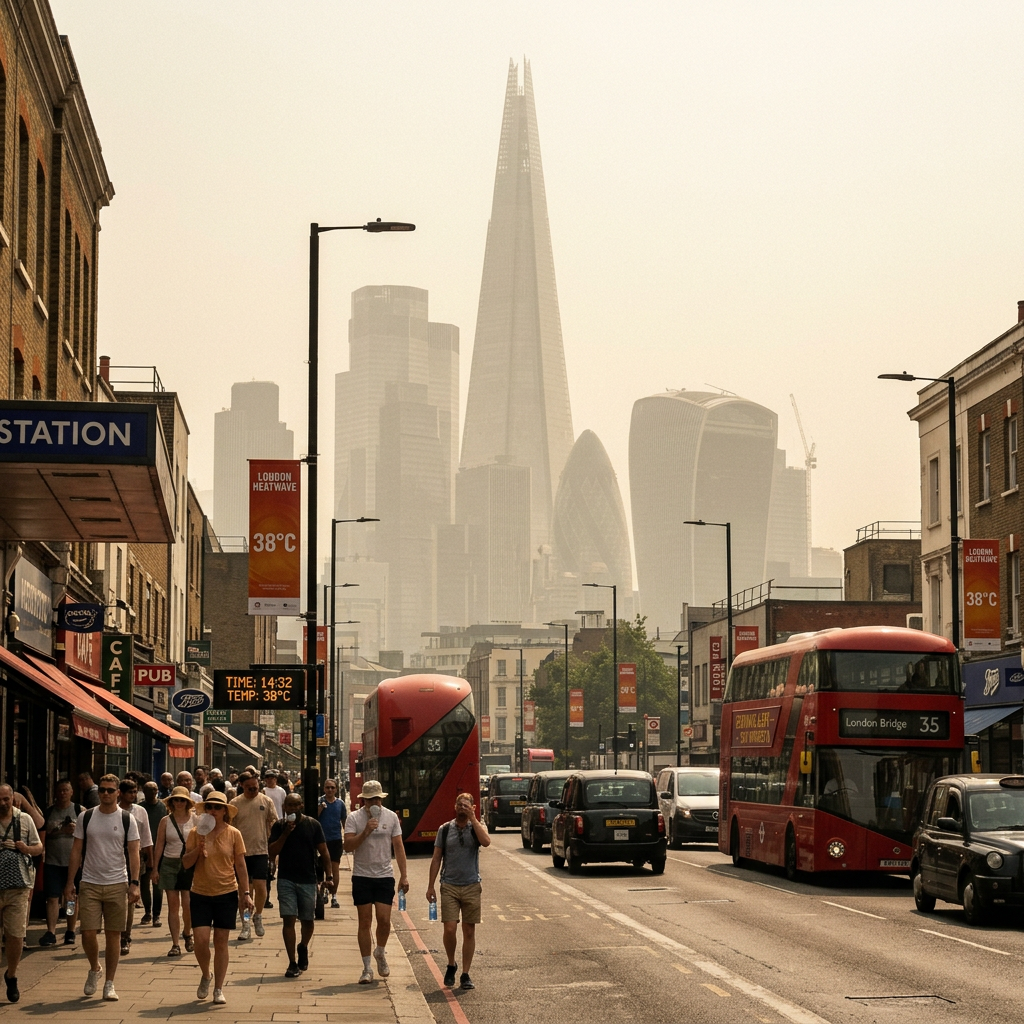 Busy London street with pedestrians, red double-decker buses, and skyscrapers under heatwave haze