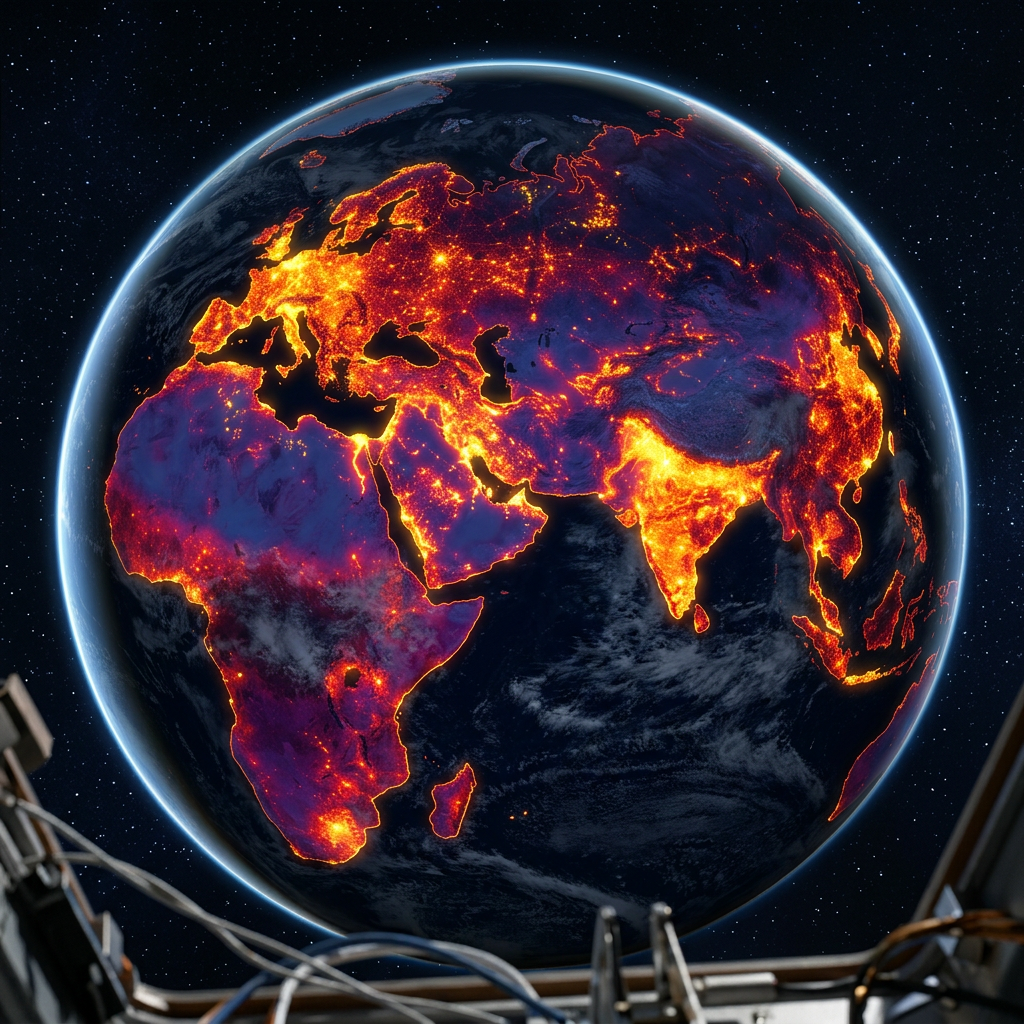 Globe showing night lights highlighting population density across continents