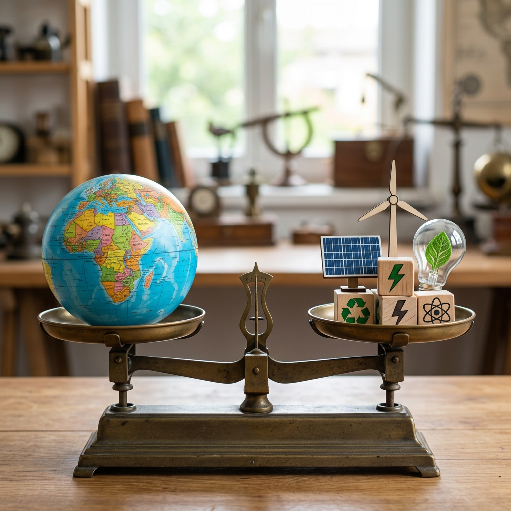Vintage scale balancing a globe and renewable energy icons