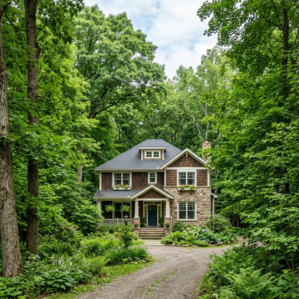 Two-story house surrounded by tall trees and lush green foliage with flower boxes and garden plants