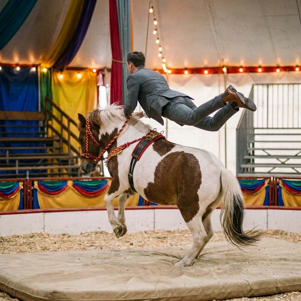 Circus performer in blue and gold costume vaulting over a brown and white pony inside a tent