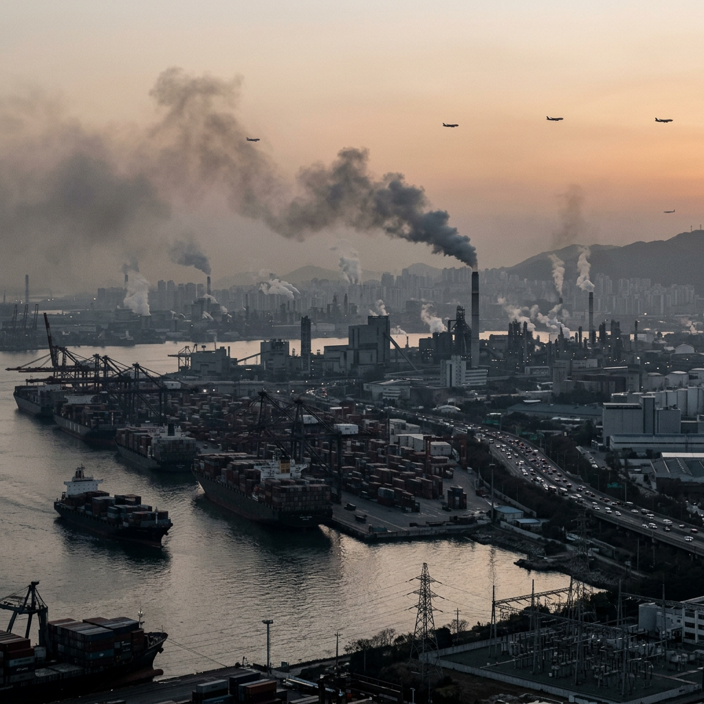 Industrial harbor with cargo ships, smokestacks, smoke, highways, and airplanes